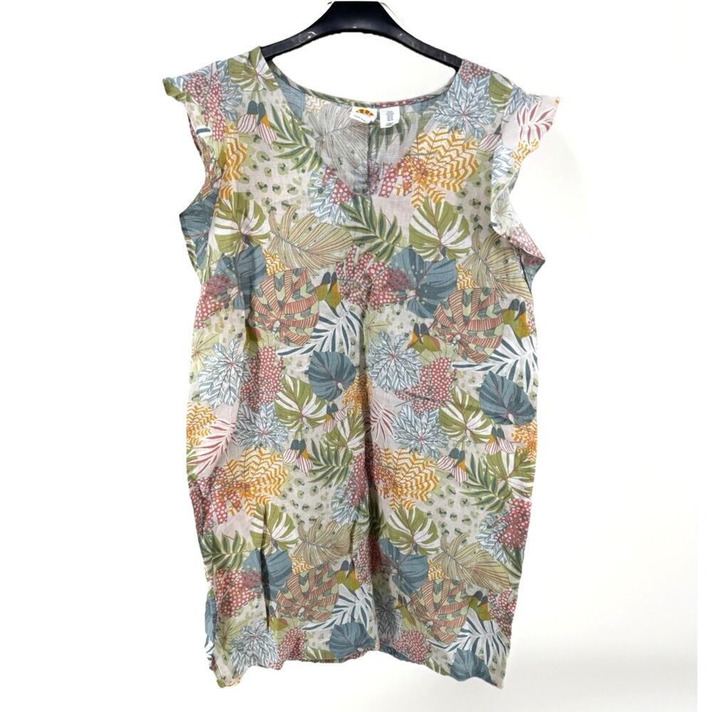 C&C California Linen Dress Size M Tropical Printed V Neck Ruffle Shoulder